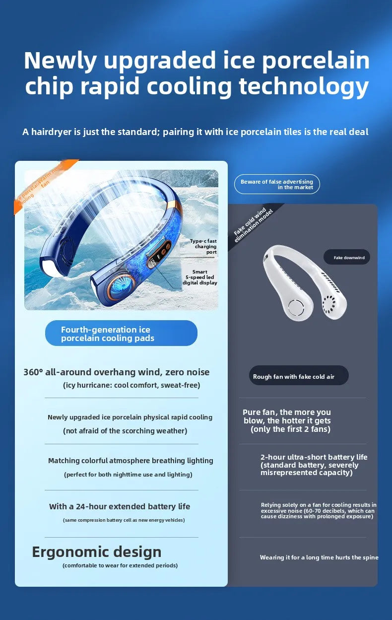 Wearable Neck Cooling Fan USB Rechargeable Hands Free Portable Hanging Personal Air Cooler Indoor Outdoor Daily Skincare Use