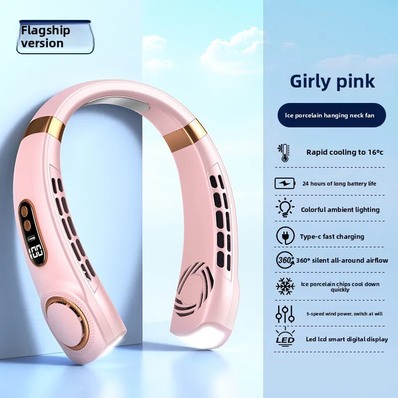 Wearable Neck Cooling Fan USB Rechargeable Hands Free Portable Hanging Personal Air Cooler Indoor Outdoor Daily Skincare Use